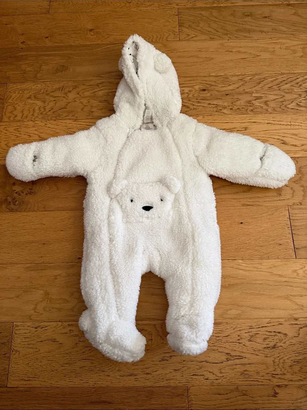 NWOT - 0/3M - Cozy White Sherpa Baby One-Piece with Bear Pocket Hood